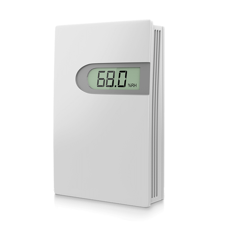Front-left angled view of the AcuHUM RM room mount relative humidity and temperature sensor