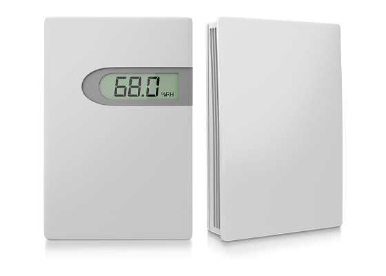 Front-right angled view of the AcuHUM RM room mount relative humidity and temperature sensor