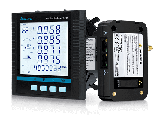 Acuvim II & AXM-RS485 front quarter angle view.