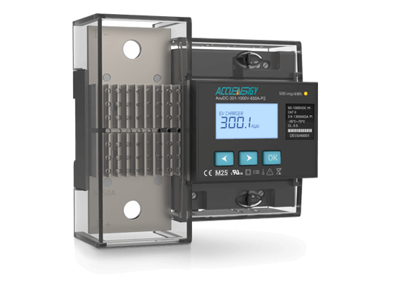 Front-right angled view of the AcuDC 300 EV charging meter.