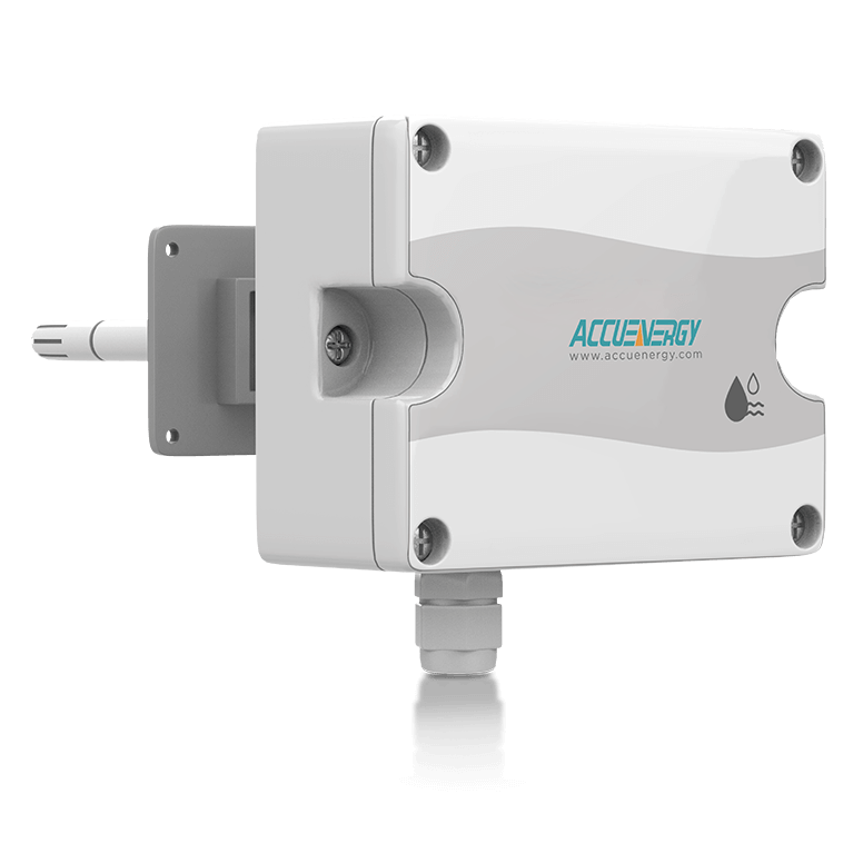 Front-right angled view of the AcuHUM DM duct mount relative humidity and temperature sensor